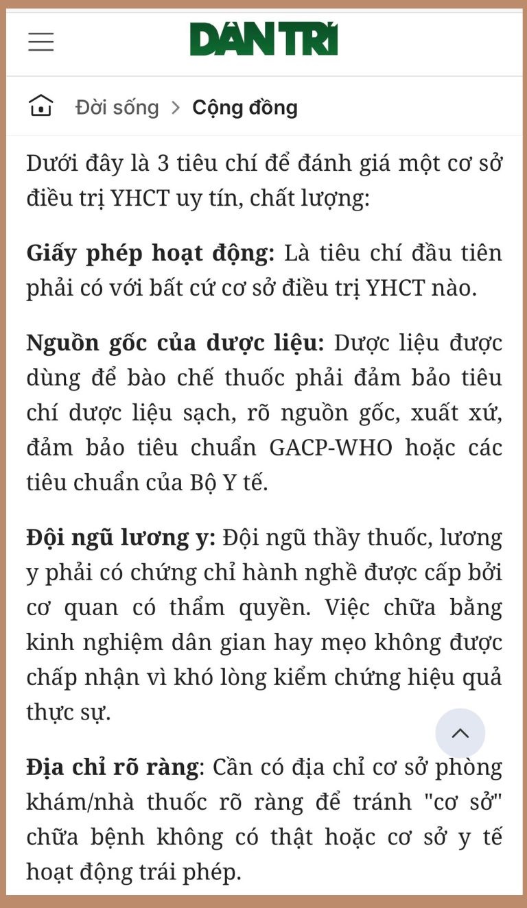 Tiêu chí đánh giá địa chỉ khám chữa bệnh bằng YHCT uy tín