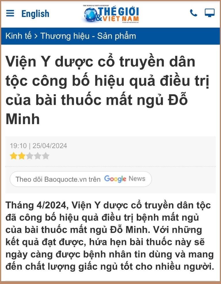 Báo Quốc tế đưa tin Viện Y dược cổ truyền dân tộc công bố hiệu quả điều trị bài thuốc Mất Ngủ Đỗ Minh