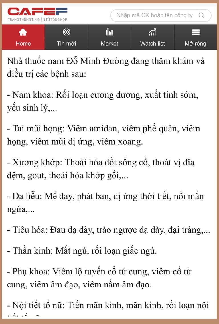 Lĩnh vực điều trị của nhà thuốc Đỗ Minh Đường