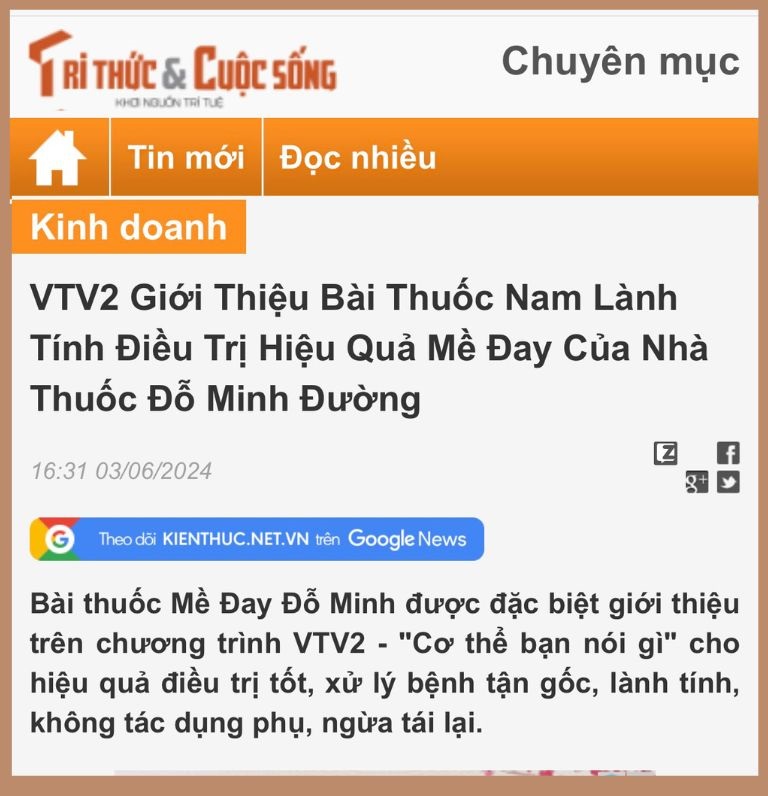 Báo Tri Thức và Cuộc sống đưa tin về bài thuốc Mề Đay Đỗ Minh được VTV2 giới thiệu trên sóng truyền hình