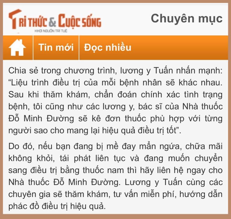 Bài thuốc Mề Đay Đỗ Minh được báo Tri thức và Cuộc sống đánh giá cao