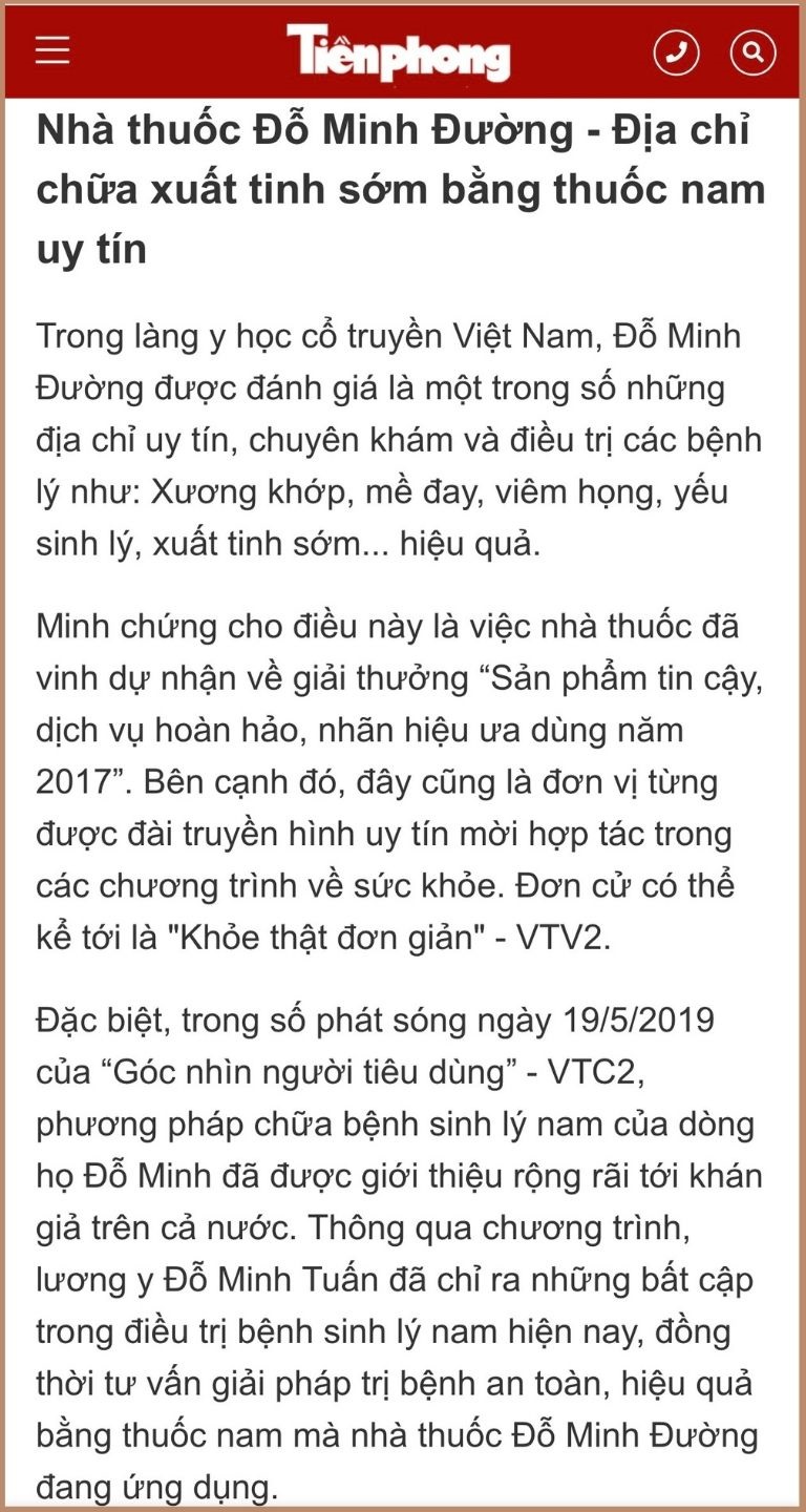 Báo Tiền Phong nhận định nhà thuốc Đỗ Minh Đường là địa chỉ chữa yếu sinh lý uy tín