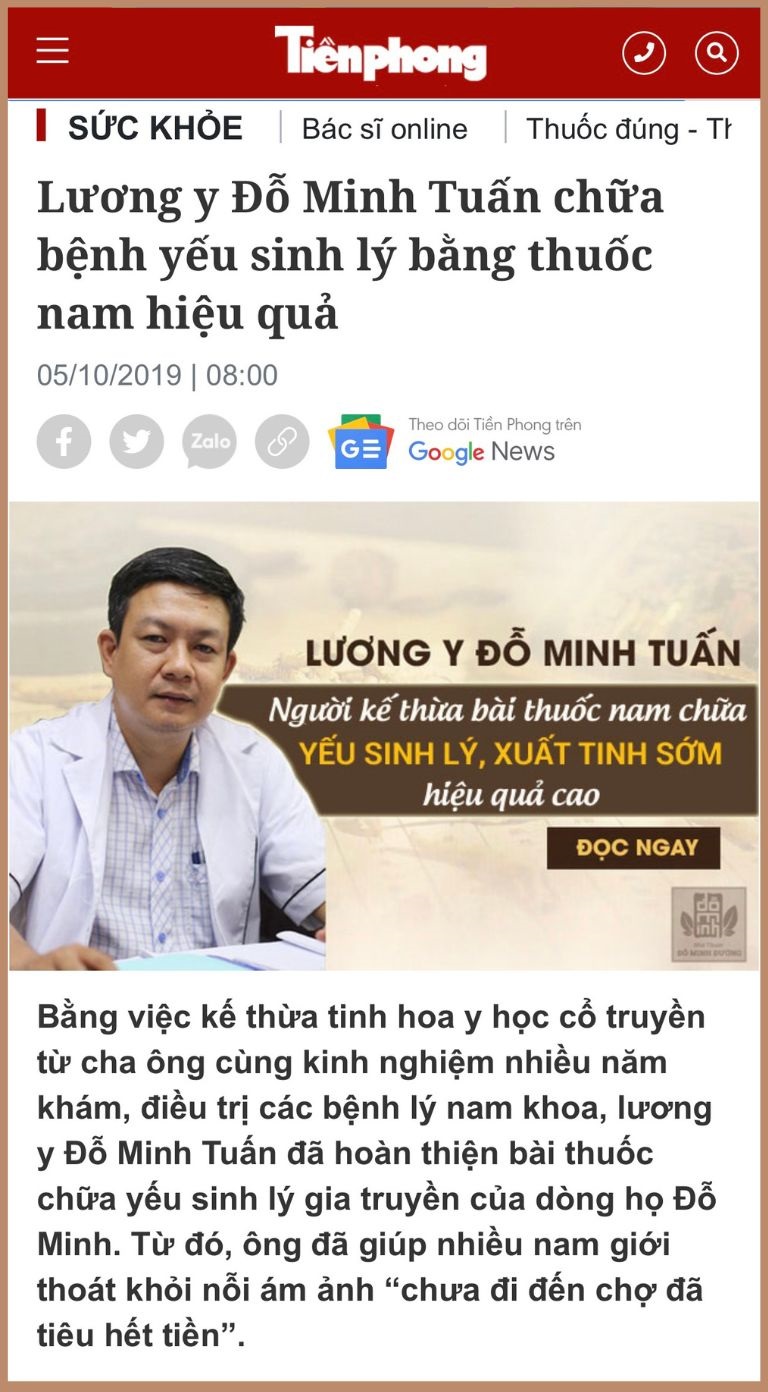 Lương y Đỗ Minh Tuấn được báo Tiền Phong đưa tin về việc chữa yếu sinh lý bằng thuốc nam hiệu quả