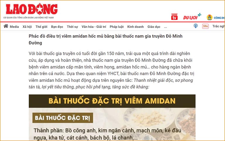 Báo Lao Động đưa tin về bài thuốc trị viêm amidan Đỗ Minh Đường