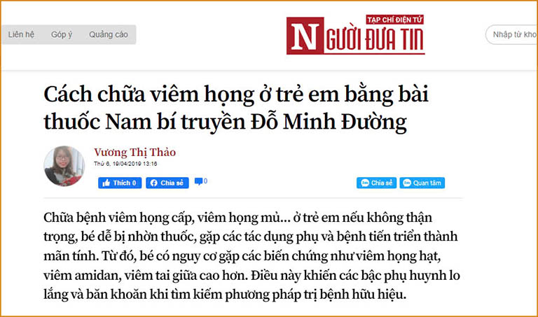 Báo Người Đưa tin giới thiệu bài thuốc trị viêm họng cho trẻ của Đỗ Minh Đường