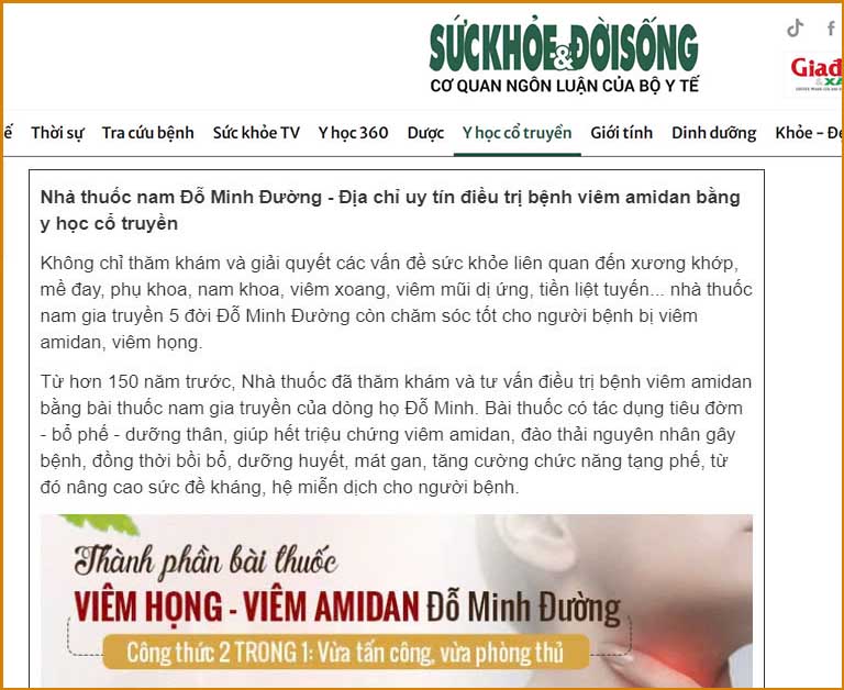 Báo Sức Khỏe & Đời sống đưa tin bài thuốc trị viêm amidan Đỗ Minh Đường