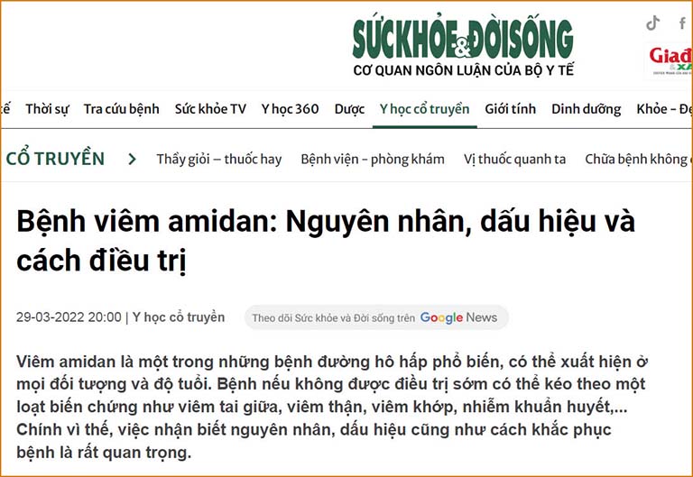 Báo Sức Khỏe & Đời sống đưa tin về bài thuốc trị viêm amidan Đỗ Minh Đường