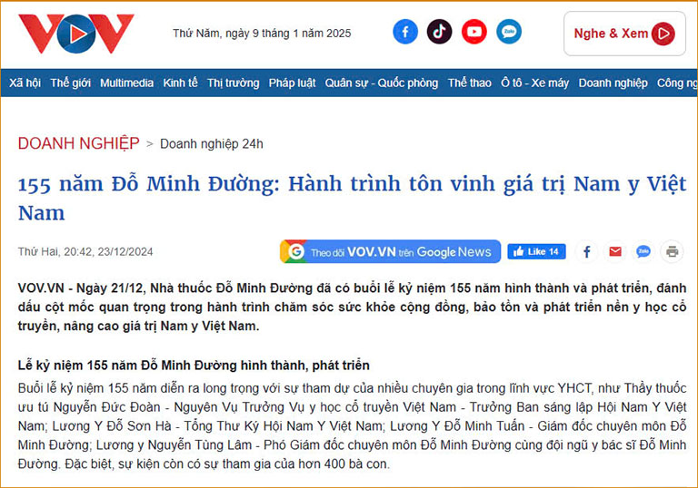 Báo VOV đưa tin về sự kiện 155 năm thành lập Đỗ Minh Đường