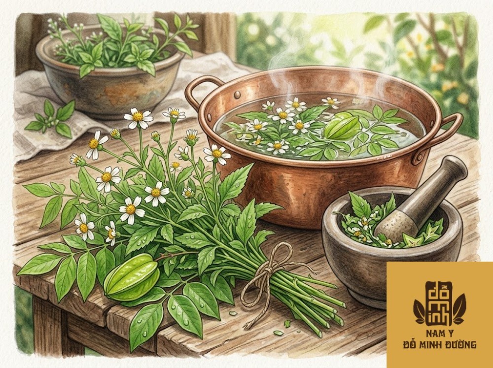 cây đơn kim (xuyến chi) kết hợp lá khế tắm trị dị ứng