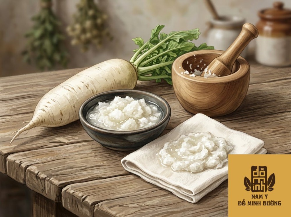 củ cải trắng giã nát đắp trị sưng nóng vùng da viêm