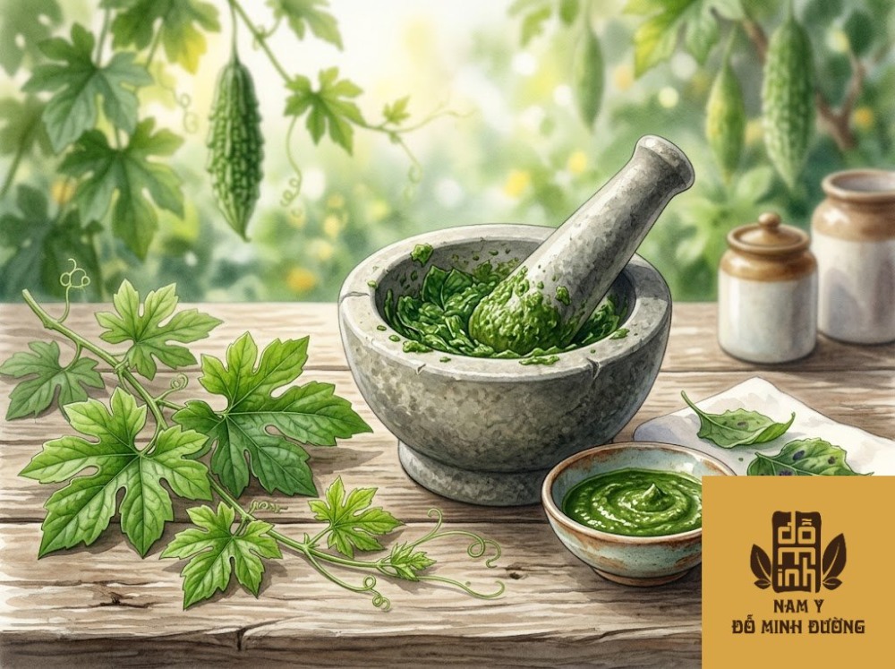 giã nát lá mướp đắng đắp trị rôm sảy, ngứa ngáy