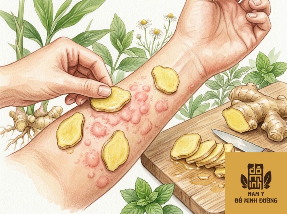 gừng tươi thái lát xoa nhẹ vùng da bị mề đay do lạnh