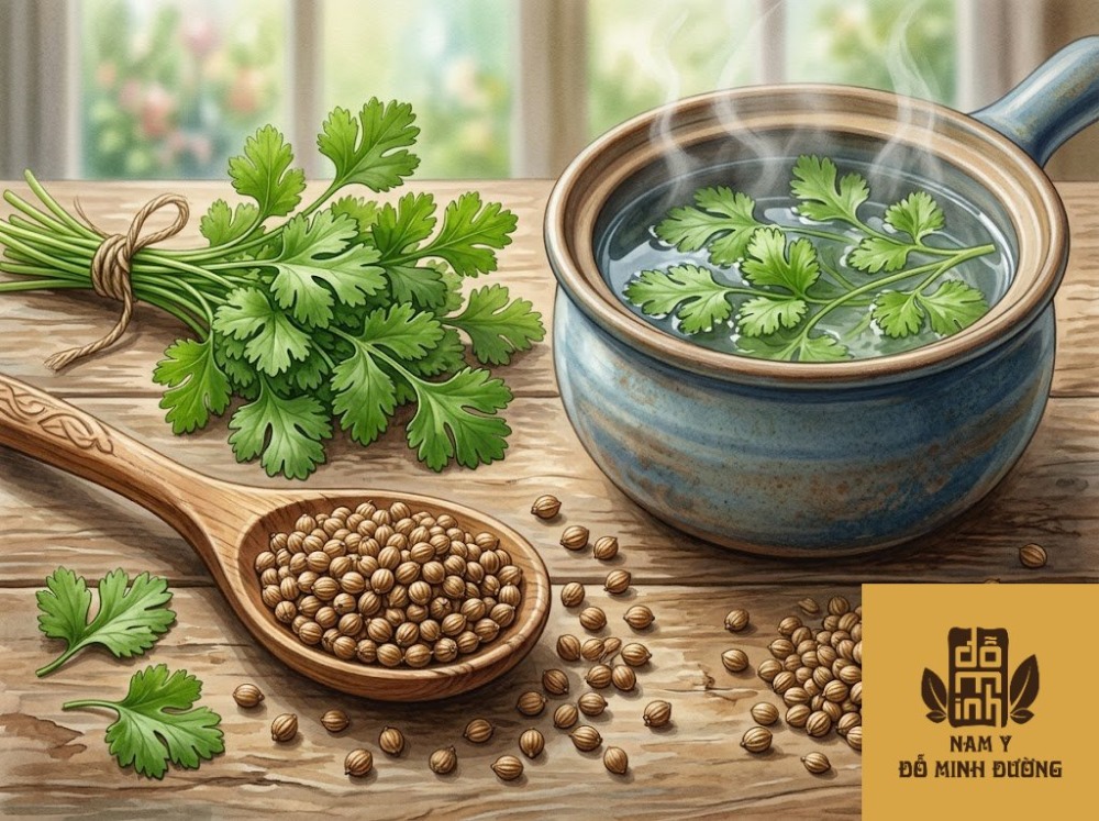 hạt cây mùi (ngò rí) nấu nước tắm trị sởi, mẩn ngứa