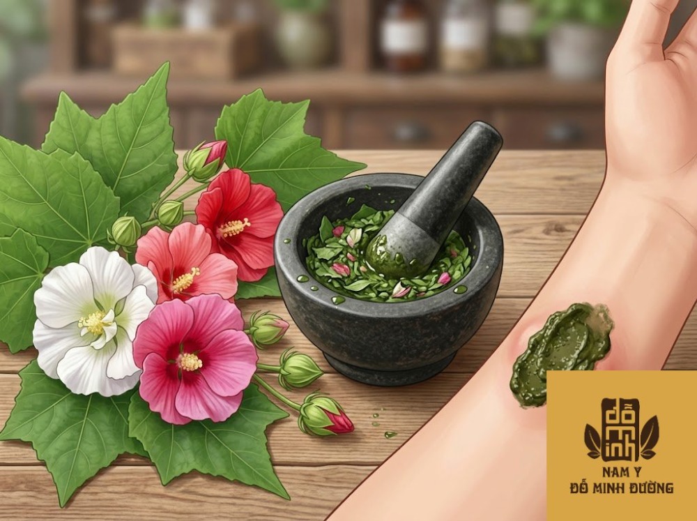 hoa phù dung giã đắp trị mụn nhọt, viêm da sưng tấy