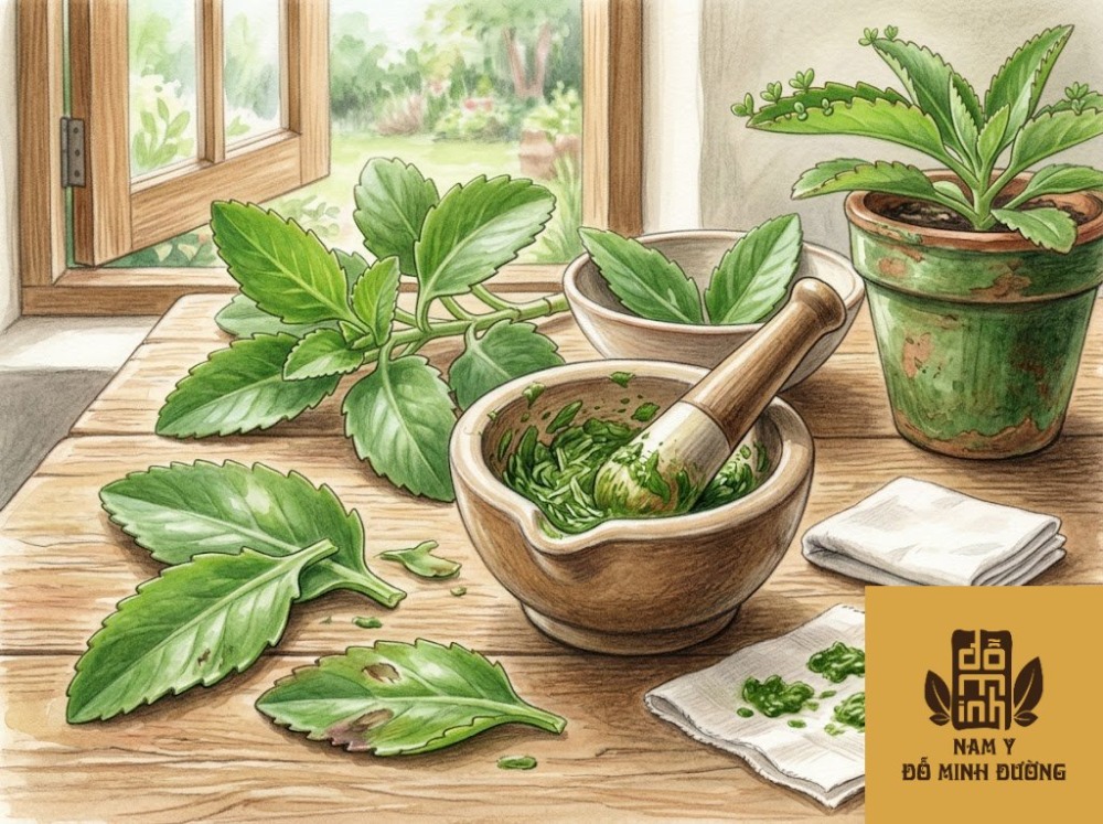 lá bỏng giã nát đắp trị dị ứng, mụn nước