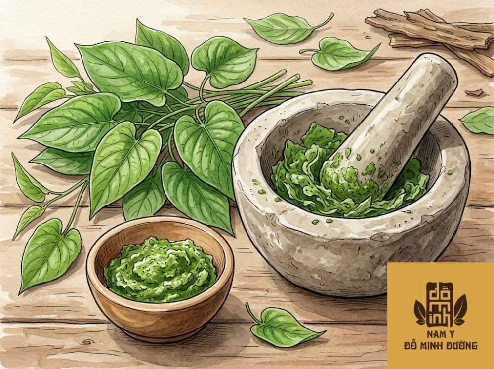 lá cây mơ tam thể giã đắp trị mụn nhọt, viêm da