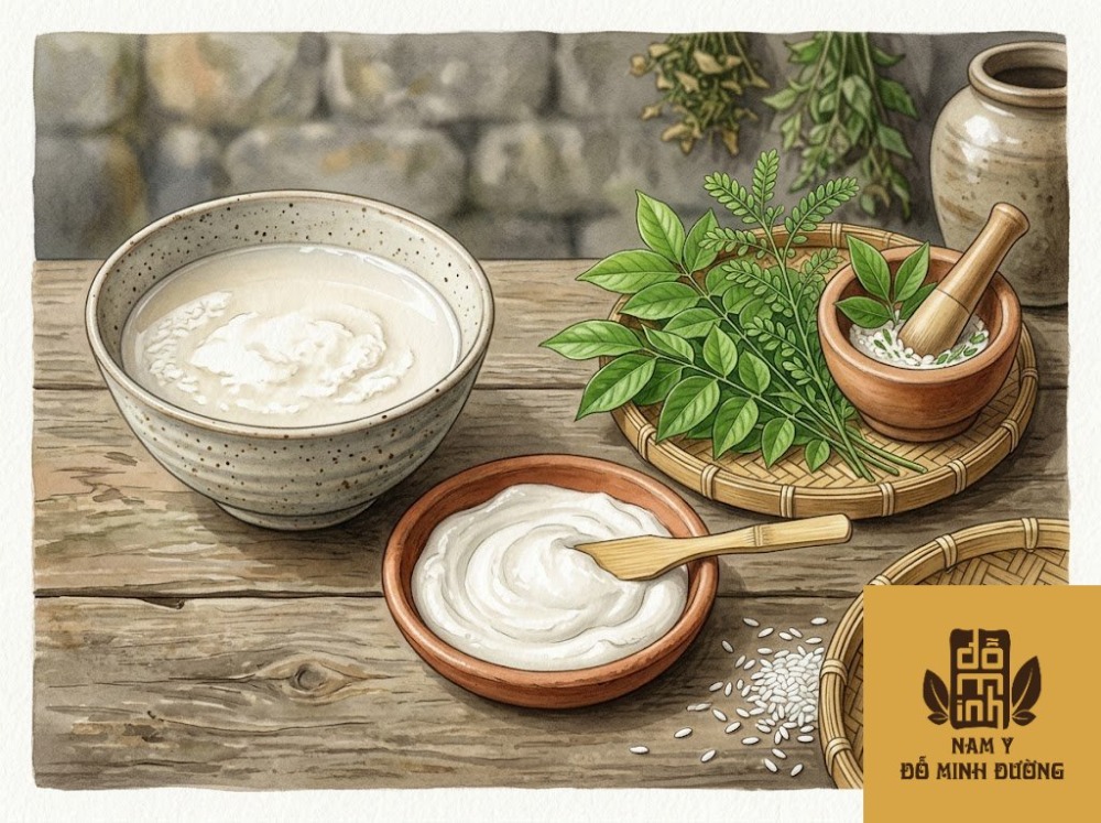 nước vo gạo đặc lắng xuống bôi trị nẻ và viêm da